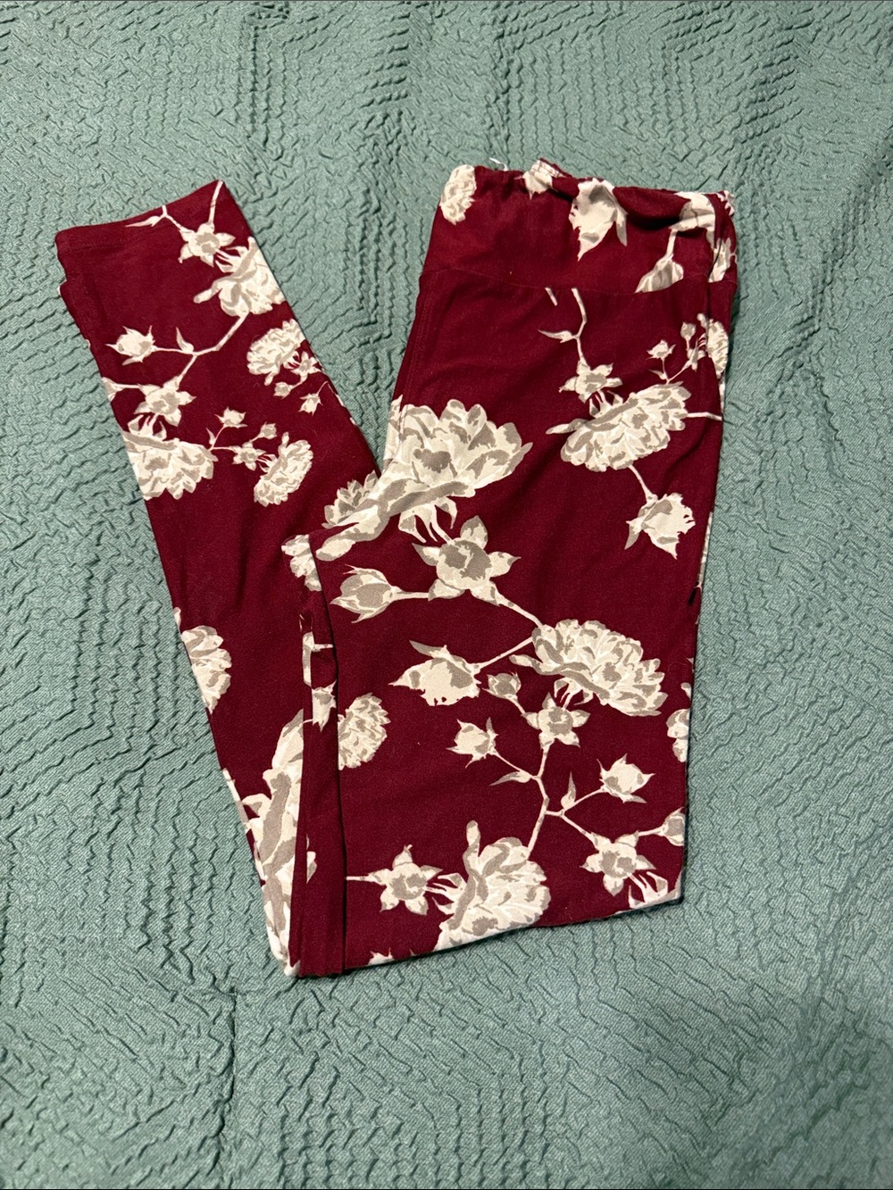 LuLaRoe Burgundy Floral Leggings with Cream Flowers